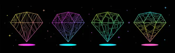 一套带有荧光几何钻石或水晶的现代魔法魔法卡片 线条艺术神秘矢量图解 矢量图形