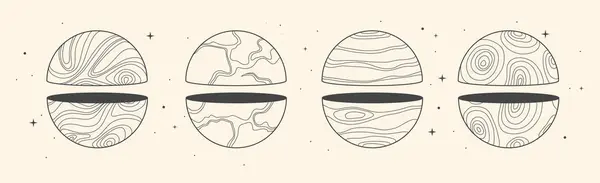 幾何学的な球か惑星が付いている現代魔法の魔術のカードのセット ラインアートオカルトベクターイラスト ストックイラスト