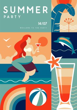 Retro düz yaz disko partisi posteri ve yaz nitelikleri. Kokteylli deniz kızı, yunus, tropik yapraklar ve gökkuşağı. Vektör illüstrasyonu