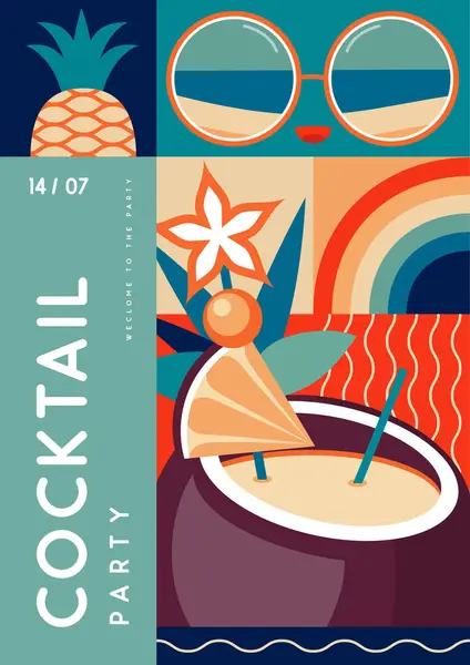 复古平面夏季迪斯科派对海报与夏季属性 墨西哥可乐鸡尾酒 热带水果和太阳镜 矢量说明 矢量图形