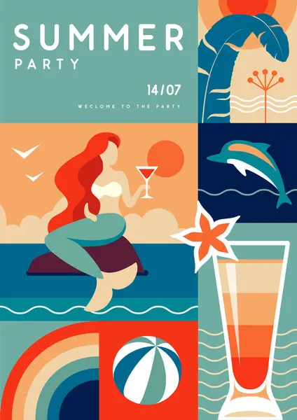 复古平面夏季迪斯科派对海报与夏季属性 美人鱼与鸡尾酒 热带树叶和彩虹 矢量说明 图库矢量图片