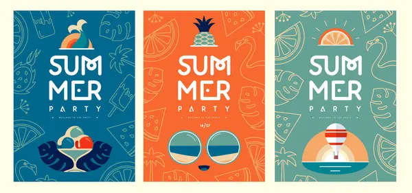 一套具有夏季特色的复古平面夏季迪斯科派对海报 矢量说明 图库矢量图片