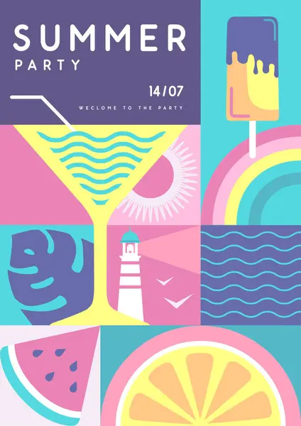Ρετρό Επίπεδη Καλοκαιρινή Αφίσα Ντίσκο Πάρτι Καλοκαιρινά Χαρακτηριστικά Κοκτέιλ Σιλουέτα Εικονογράφηση Αρχείου