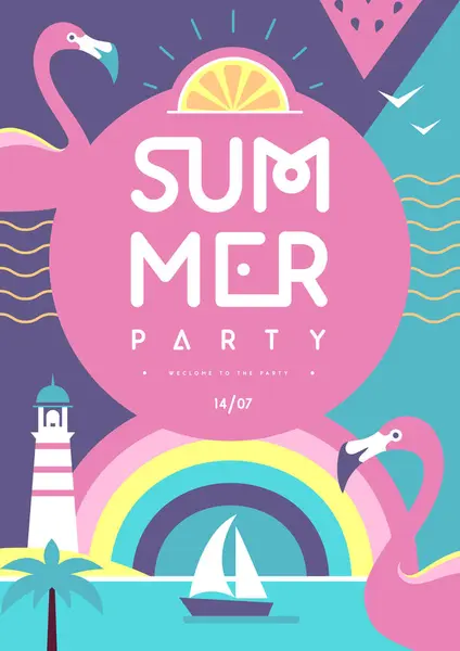 Poster Pesta Disko Musim Panas Retro Datar Dengan Flamingo Mercusuar Stok Vektor