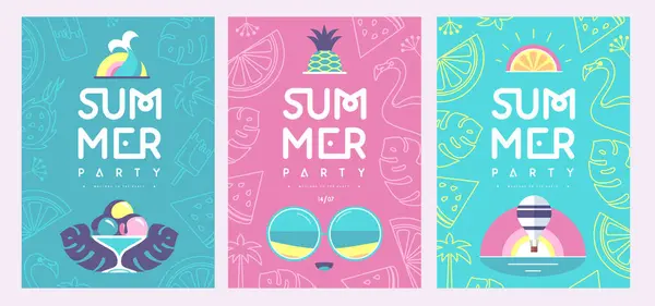 一套具有夏季特色的复古平面夏季迪斯科派对海报 矢量说明 免版税图库矢量图片