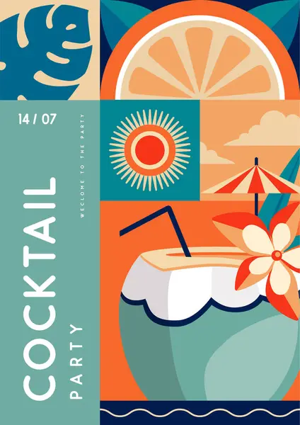 夏の特性を持つレトロフラット夏のディスコパーティーポスター ピナカラダカクテル トロピカルフルーツ ベクトルイラスト ロイヤリティフリーのストックイラスト