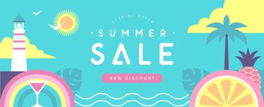 İçinde deniz feneri, tropik meyveler ve kokteyl olan Retro düz yaz büyük satış posteri. Vektör illüstrasyonu