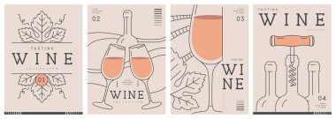 Modern çizgi sanat dergisi kapakları ya da şarap şişeleri ve gözlüklü posterler. Restoran menüsü tasarımı. Vektör illüstrasyonu