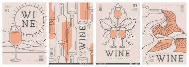 Modern çizgi sanat dergisi kapakları ya da şarap şişeleri ve gözlüklü posterler. Restoran menüsü tasarımı. Vektör illüstrasyonu