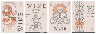 Modern çizgi sanat dergisi kapakları ya da şarap kadehi, tirbuşon ve fıçılı posterler. Restoran menüsü tasarımı. Vektör illüstrasyonu