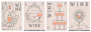 Modern çizgi sanat dergisi kapakları ya da şarap şişeleri ve gözlüklü posterler. Restoran menüsü tasarımı. Vektör illüstrasyonu