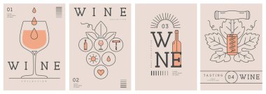 Modern çizgi sanat dergisi kapakları ya da şarap şişeleri ve gözlüklü posterler. Restoran menüsü tasarımı. Vektör illüstrasyonu