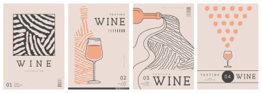 Modern çizgi sanat dergisi kapakları ya da şarap şişeleri, bardaklar ve soyut desenli posterler. Restoran menüsü tasarımı. Vektör illüstrasyonu