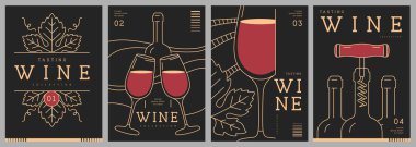 Modern çizgi sanat dergisi kapakları ya da şarap şişeleri ve gözlüklü posterler. Restoran menüsü tasarımı. Vektör illüstrasyonu