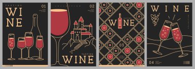 Set of modern line art magazine covers or posters with wine bottles and glasses. Restaurant menu design. Vector illustration clipart