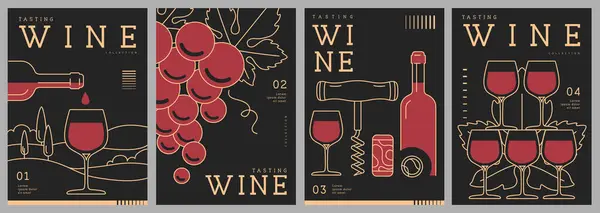 stock vector Set of modern line art magazine covers or posters with wine bottles and glasses. Restaurant menu design. Vector illustration