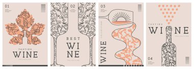 Modern çizgi sanat dergisi kapakları ya da şarap şişeleri, bardaklar ve soyut desenli posterler. Restoran menüsü tasarımı. Vektör illüstrasyonu