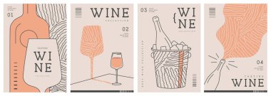 Modern çizgi sanat dergisi kapakları ya da şarap şişeleri, bardaklar ve soyut desenli posterler. Restoran menüsü tasarımı. Vektör illüstrasyonu