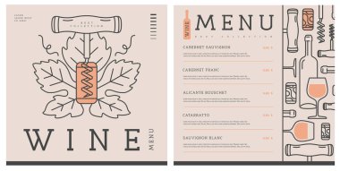 Tirbuşonlu restoran şarap menüsü tasarımı. Çizgi sanatı modern vektör illüstrasyonu