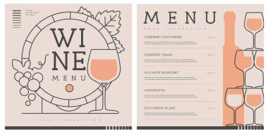 Bardak piramidi olan restoran şarap menüsü tasarımı. Çizgi sanatı modern vektör illüstrasyonu