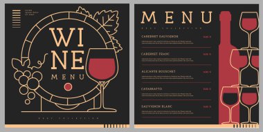 Bardak piramidi olan restoran şarap menüsü tasarımı. Çizgi sanatı modern vektör illüstrasyonu