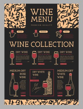 Restoran şarap menüsü tasarımı, şişeler, bardaklar ve şarap soyut dokusuyla. Çizgi sanatı modern vektör illüstrasyonu