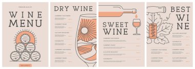 Şişe, cam, tirbuşon ve mantarlı restoran şarap menüsü tasarımı. Çizgi sanatı modern vektör illüstrasyonu