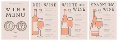 Restoran şarap menüsü tasarımı, şişeler, gözlükler ve güneş gözlükleri. Çizgi sanatı modern vektör illüstrasyonu