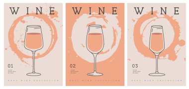 Modern çizgi sanat dergisi kapakları ya da şarap kadehli posterler ve soyut boya çemberleri. Vektör illüstrasyonu