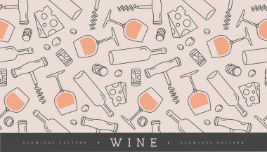 Şarap kadehleri, şarap şişeleri, peynir, tirbuşon ve mantarlı kusursuz desen. Vektör illüstrasyonu