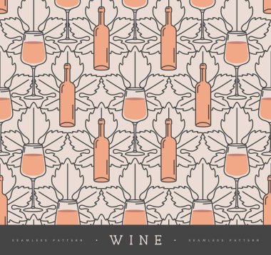Şarap kadehleri, şarap şişeleri ve üzüm yapraklarıyla kusursuz desen. Vektör illüstrasyonu