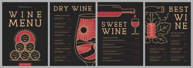 Şişe, cam, tirbuşon ve mantarlı restoran şarap menüsü tasarımı. Çizgi sanatı modern vektör illüstrasyonu