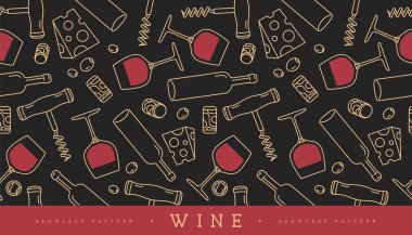 Şarap kadehleri, şarap şişeleri, peynir, tirbuşon ve mantarlı kusursuz desen. Vektör illüstrasyonu