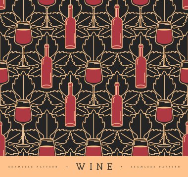 Şarap kadehleri, şarap şişeleri ve üzüm yapraklarıyla kusursuz desen. Vektör illüstrasyonu