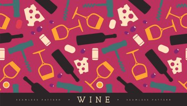 Şarap kadehleri, şarap şişeleri, peynir, tirbuşon ve mantarlı kusursuz desen. Vektör illüstrasyonu