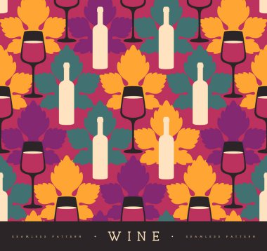Şarap kadehleri, şarap şişeleri ve üzüm yapraklarıyla kusursuz desen. Vektör illüstrasyonu