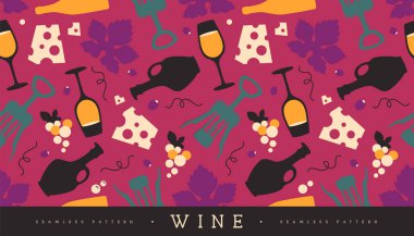 Şarap kadehleri, şarap şişeleri, peynir, tirbuşon ve üzümlü kusursuz desen. Vektör illüstrasyonu