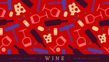 Şarap kadehleri, şarap şişeleri, peynir, tirbuşon ve mantarlı kusursuz desen. Vektör illüstrasyonu