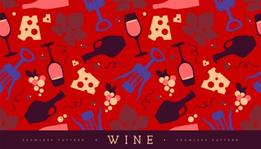 Şarap kadehleri, şarap şişeleri, peynir, tirbuşon ve üzümlü kusursuz desen. Vektör illüstrasyonu