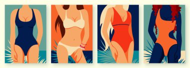 Plaj arka planında mayo giymiş kadın figürlü düz retro yazlık posterler. Vektör illüstrasyonu