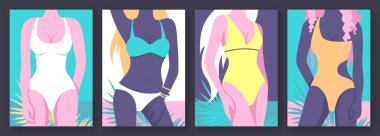 Plaj arka planında mayo giymiş kadın figürlü düz retro yazlık posterler. Vektör illüstrasyonu