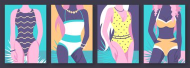 Plaj arka planında mayo giymiş kadın figürlü düz retro yazlık posterler. Vektör illüstrasyonu