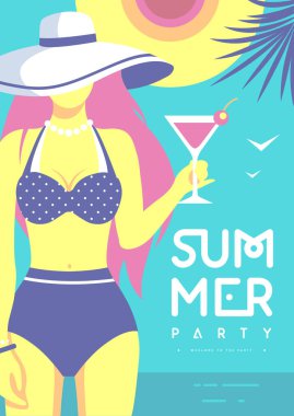 Plaj arka planında kozmopolit kokteyl kokteyli ve mayo giymiş bir kızın olduğu Retro düz yaz disko partisi posteri. Vektör illüstrasyonu