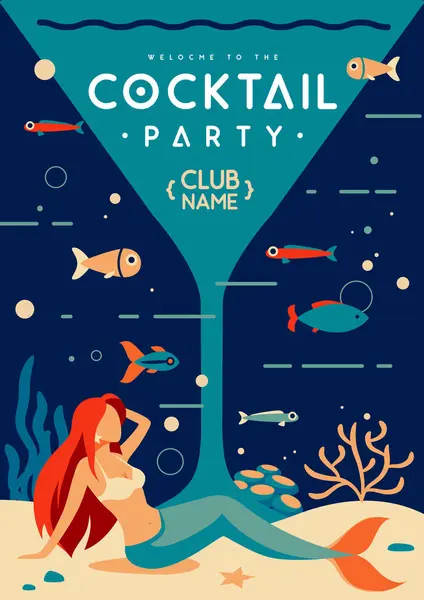 Stock vector Retro flat summer cocktail party poster with mermaid and cocktail under the sea. Vector illustration