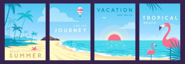 Tropikal toprak sapları, okyanus dalgaları, plaj, palmiye ağaçları ve flamingolu yaz tatili posterleri. Vektör illüstrasyonu