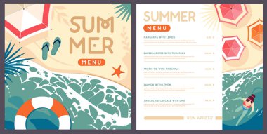 Üst görünümü okyanus dalgaları, kumsal ve palmiye yaprakları olan klasik bir yaz menüsü tasarımı. Vektör illüstrasyonu