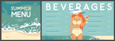 Tropik plaj arka planında mayo giymiş güzel bir kızın olduğu Retro Düz Yaz Kokteyl Menüsü Tasarımı. Vektör illüstrasyonu