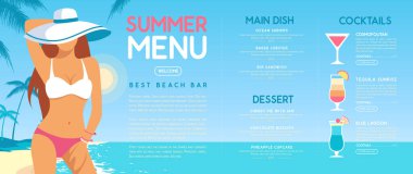 Tropik plaj arka planında mayo giymiş güzel bir kızın olduğu düz yaz kokteyl menüsü tasarımı. Vektör illüstrasyonu