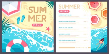 Okyanus dalgaları, kumsal ve palmiye yapraklı yaz menüsü tasarımı. Vektör illüstrasyonu