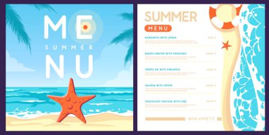 Okyanus dalgaları, kumsal ve palmiye yapraklı yaz menüsü tasarımı. Vektör illüstrasyonu
